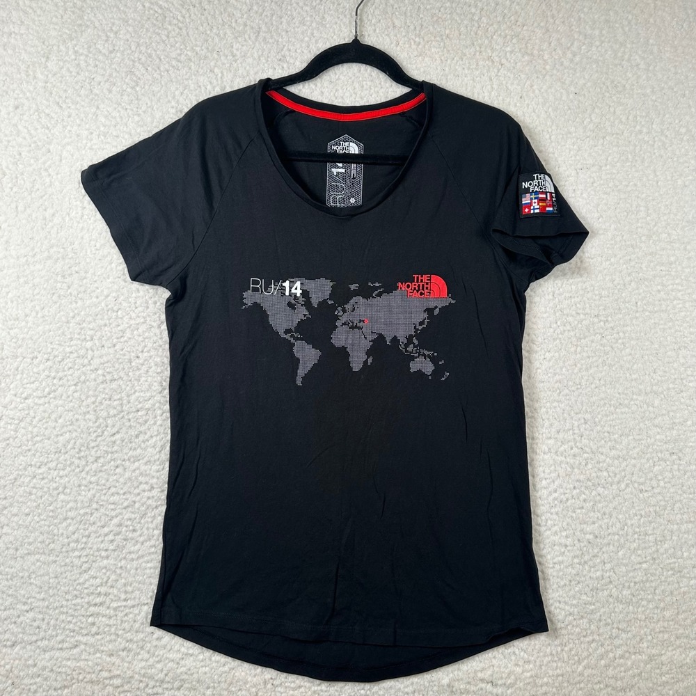The North Face RU14 Sochi Winter Olympics T Shirt Womens L Black World Map Flag